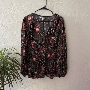 Black Floral Long Sleeve Ruffle Trim Top